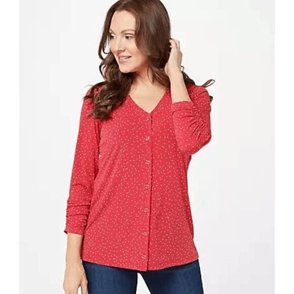 Susan Graver Women Large Printed Liquid Knit Button Shirt Red V Neck NWOT) - Picture 1 of 4